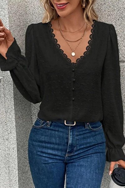 Mossta V-Neck Front Buttoned Blouse - Black