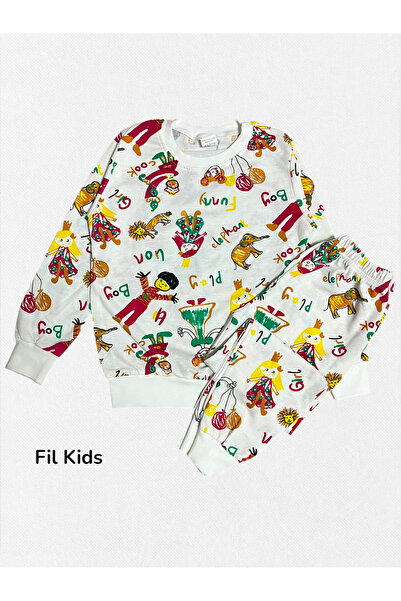 Fil Kids Κοριτσίστικο σετ πιτζάμες από βαμβακερό ύφασμα εκρού χρώματος με μπα...