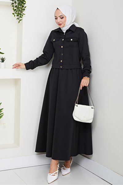 Bestenur Jacket Skirt Scuba Two-Piece Set 1614 - Black