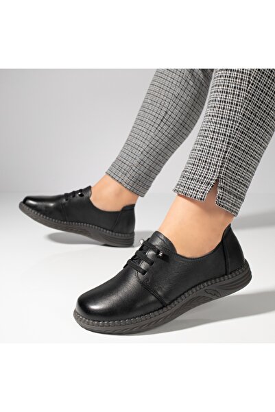 Modlet.ro Γυναικεία μαύρα δερμάτινα casual παπούτσια με ελαστικά κορδόνια MOD...