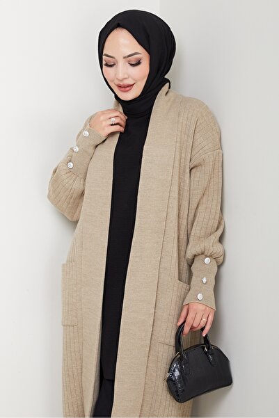 Bestenur Balloon Sleeve Knit Cardigan 1613 - Stone