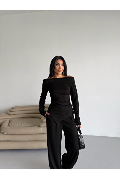 Famel Butik Women's Draped Asymmetrical Cut Blouse Pants Modal Set