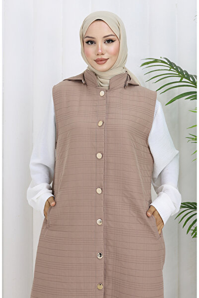 sefamerve Quilted Fabric Buttoned Vest 0186A-02 Mink