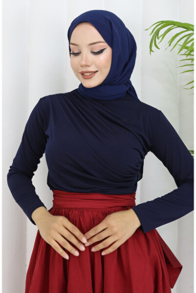 sefamerve Sandy Fabric Turtleneck Blouse 52103-04 Navy Blue