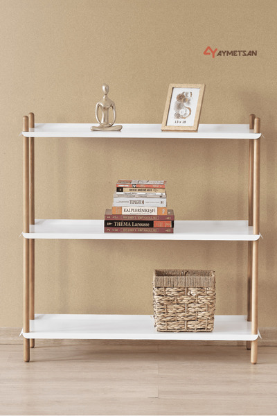 Aymetsan Metal Otomotiv Sanayi Metal ve Doğal Ahşaptan Kitaplık, Çok amaçlı Raf, Çiçeklik - Beyaz Raf 3 KATLI