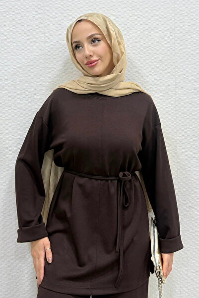 Tesettür Diyarı Μοντάλ υφασμάτινο τουνίκ με ζώνη - Σκούρο Καφέ Στάνταρ (Συμβα...