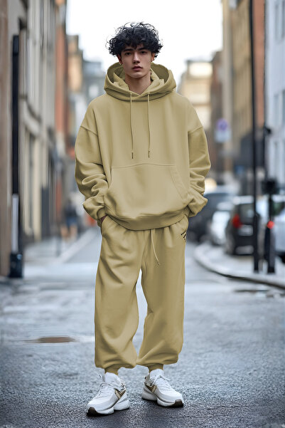 YAKAMEL طقم بدلة رياضية للرجال بقلنسوة ناعمة مصنوعة من 3 خيوط