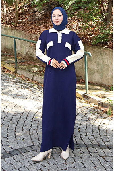 sefamerve فستان تريكو بياقة بولو وتفاصيل جيب 0507-05 أزرق داكن