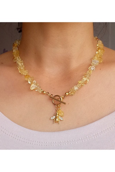 BNGaksesuar Gerçek Doğal Sitrin Taşı ve Şans Bolluk Bereket Arı Kolye ucu Doğaltaş Tasarım Kolye