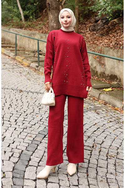 sefamerve Knitwear Stone Printed Tunic Trousers Double Set 1104-03 Claret Red