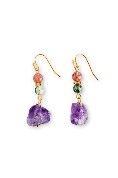 craftmystic Gold Earrings with Raw Amethyst, Strawberry Crystal and Green Phantom - Unique and Elegant