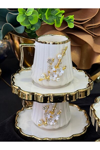 LOKMAN ZÜCCACİYE 6 Kişilik Gold İnci Taşlı Yeni Seri Kahve Fincan Takımı