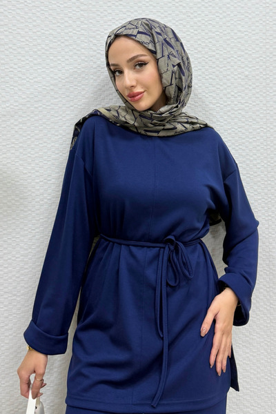 Tesettür Diyarı Модална тъкан с колан, скромна туника - тъмно синьо стандартн...