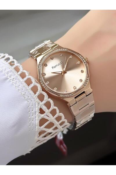 Ferrucci Women's Round Stone Dial Rose Gold Metal Band Wrist Watch