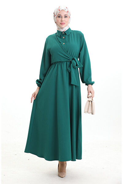 sefamerve Double Breasted Collar Buttoned Belted Dress 0198-02 Emerald Green
