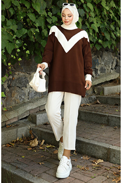 sefamerve Πλεκτό V Μοτίβο συνδυασμός υφασμάτων Τουνίκ 3017-02 Καφέ