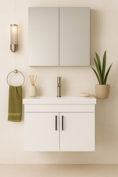 DEMEZLER MOBİLYA Luna 65 cm Beyaz Camlı Üst Modül ve Seramik Lavabolu, MDF Banyo Dolabı Takımı