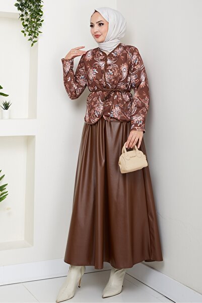 Bestenur Patterned Jacket Skirt Leather Two-Piece Set 1616 - Brown