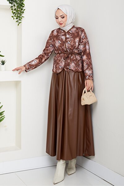 Bestenur Patterned Jacket Skirt Leather Two-Piece Set 1616 - Brown