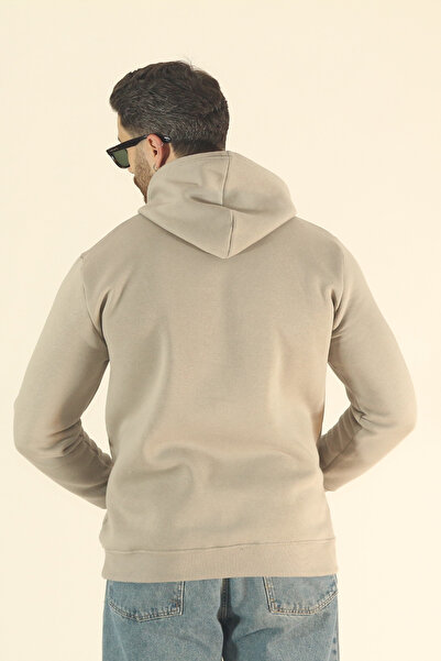 EydaMoon Men's Basic Winter Fleece-Lined Sweatshirt - Stone Regular Kangaroo Pocket Hoodie