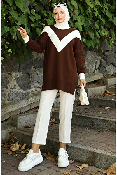 sefamerve Πλεκτό V Μοτίβο συνδυασμός υφασμάτων Τουνίκ 3017-02 Καφέ