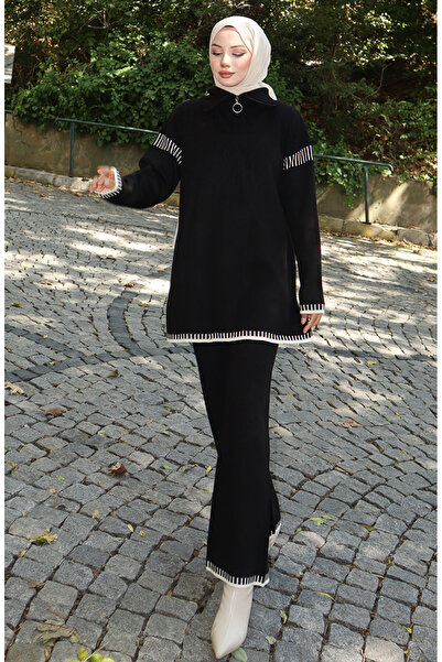 sefamerve Knitwear Zipper Collar Tunic Trousers Double Set 1061-04 Black