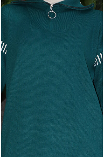 sefamerve Knitwear Zipper Collar Tunic Trousers Double Set 1061-02 Petrol