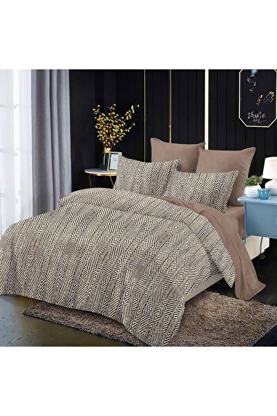 OEM Bed linen, 2 persons, finet, 6 pieces, brown and cream, with Printed, LF329