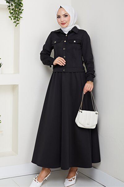 Bestenur Jacket Skirt Scuba Two-Piece Set 1614 - Black