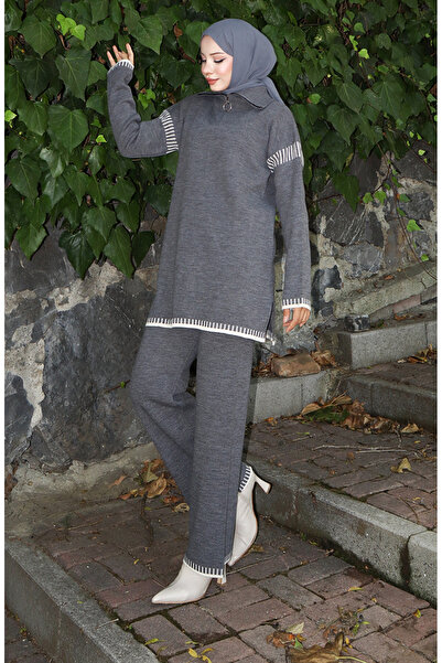 sefamerve Knitwear Zipper Collar Tunic Trousers Double Set 1061-07 Gray