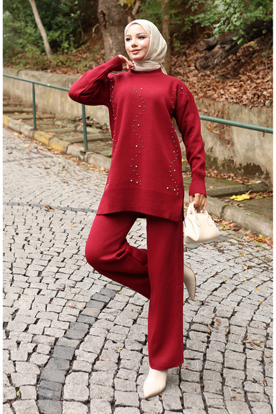 sefamerve Knitwear Stone Printed Tunic Trousers Double Set 1104-03 Claret Red
