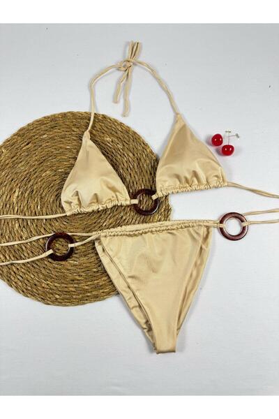 VAJESTO Kadın Altın Sarısı Halka Detay Bikini Takım Likralı Şık