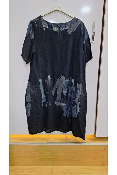 NUR TEKSTİL kadın siyah İtalyan keten Standart beden cepli salaş elbise 38/46...