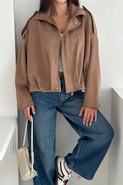 VAGGON Kadın Bej Oversize Süet Fermuarlı Ceket Vs01267