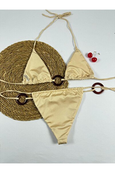 VAJESTO Kadın Altın Sarısı Halka Detay Bikini Takım Likralı Şık