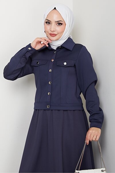 Bestenur Jacket Skirt Scuba Two-Piece Set 1614 - Navy Blue