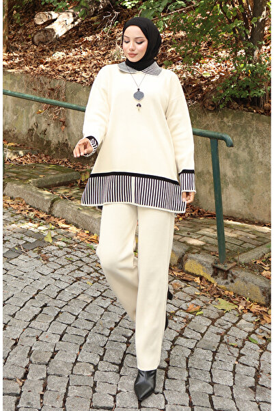 sefamerve Knitwear Stripe Detailed Tunic Trousers Double Set 1066-02 Beige