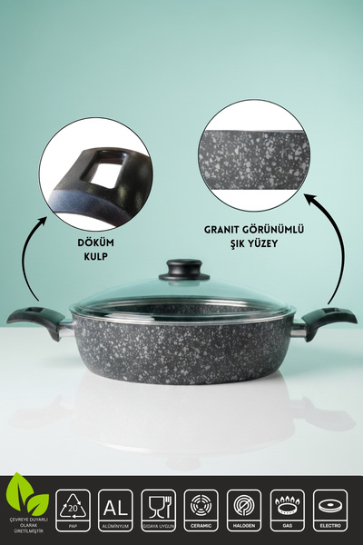 ELDİPA 28 cm Granit Görünümlü Karnıyarık Tenceresi |Yanmaz Yapışmaz, Temizlemesi Kolay , Dayanıklı Kulp