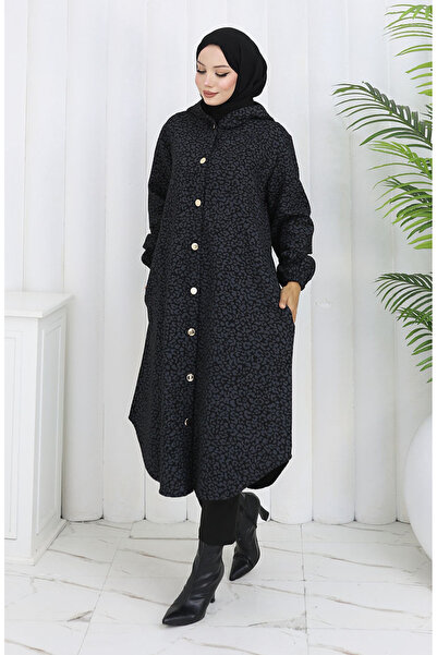 sefamerve Leopard Pattern Hooded Cashmere Cap 0187-01 Black Gray