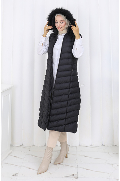 sefamerve με κουκούλα Φουσκωτό μακρύ γιλέκο με φερμουάρ 0178-01 Μαύρο