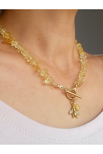 BNGaksesuar Gerçek Doğal Sitrin Taşı ve Şans Bolluk Bereket Arı Kolye ucu Doğaltaş Tasarım Kolye