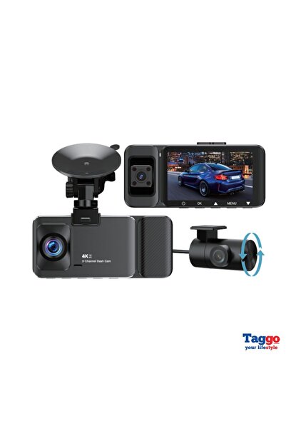 Taggo Cameră auto cu trei canale, 4K UHD, GPS și conectivitate Wi-Fi