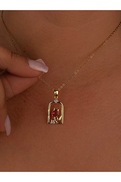 Jewelliss Kırmızı Gül Tablo Çelik Gold Kolye Modeli Kararmaz Zirkon Taş Minimal Tasarım Günlük Hediyelik Zarif