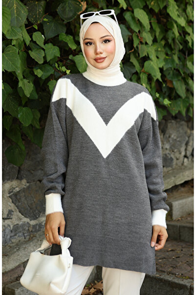 sefamerve Πλεκτό V Μοτίβο συνδυασμός υφασμάτων Τουνίκ 3017-03 Γκρι