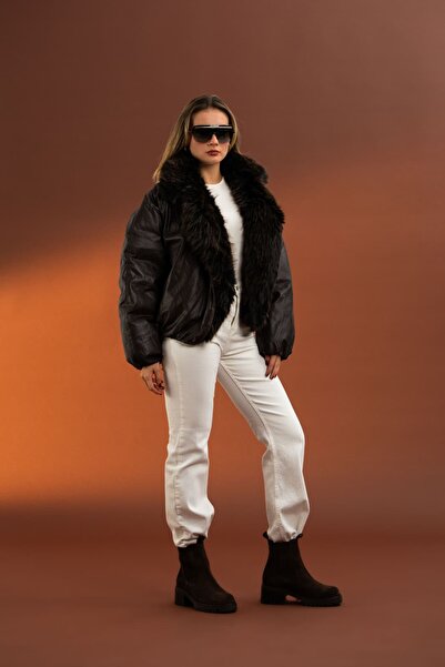 roibyardaözmen Yakası Takma Suni Kürk Detaylı,Vintage Şişme Deri Mont-Acı Kahve