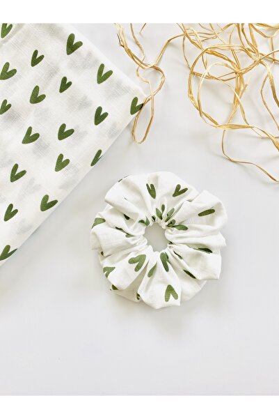 seyranat Yeşil Beyaz Kalpli Keten Kumaş Orta Boy Kız Kadın Lastikli Simit Saç...