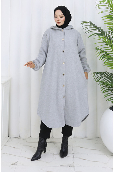 sefamerve Front Buttoned Hooded Cashmere Cap 0188-02 Gray