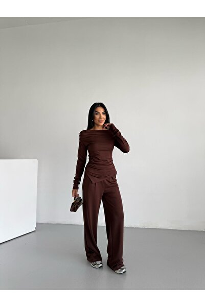 Famel Butik Γυναικείο Σετ Μπλούζα και Παντελόνι με Ασύμμετρο Σχέδιο Modal