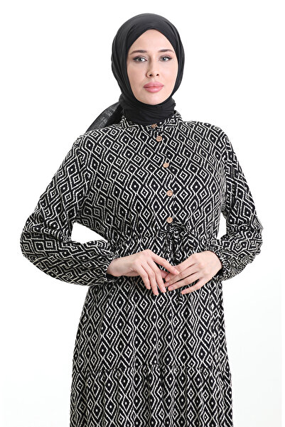 sefamerve Geometrik Desen Beli Bağcıklı Elbise 0195-01 Siyah