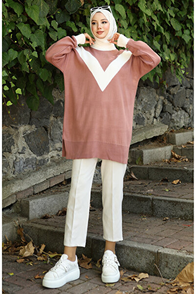 sefamerve Knitwear V Pattern Garnished Tunic 3017-07 Dusty Rose